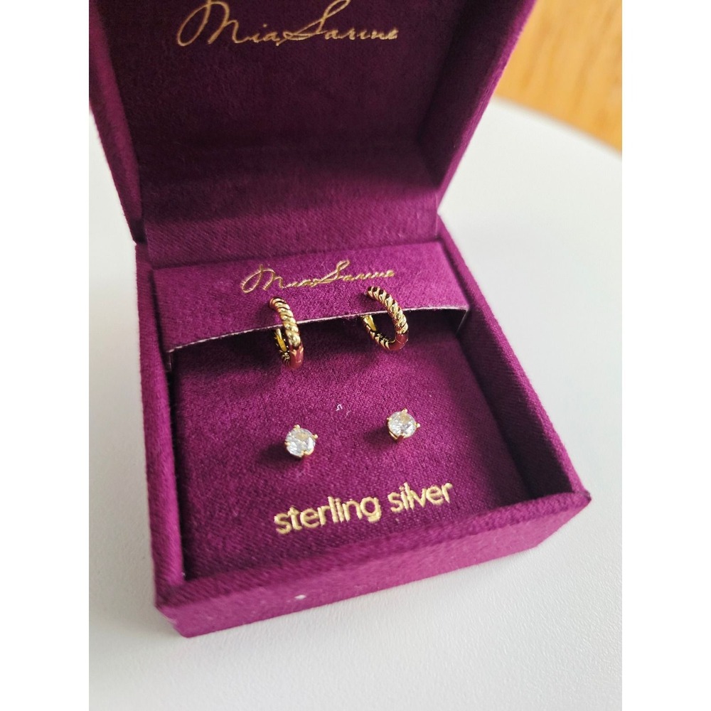 Mia Sarine Earring Set OS Gold New Sterling Silver CZ Studs and Rope Hoops